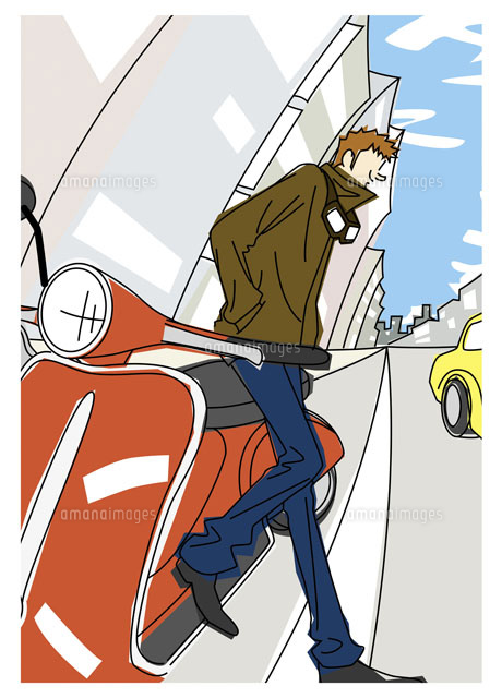 道路にバイクを止め待ち合わせする男性 の写真素材 イラスト素材 アマナイメージズ