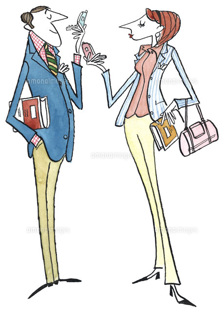 携帯電話を持ちながら話をするスーツ姿の男女 の写真素材 イラスト素材 アマナイメージズ