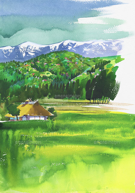 風景画　水彩画　実相寺(山梨県)の春 注文制作します 水彩画原画 富士山と桜・忍野村 ＃492 | iichi