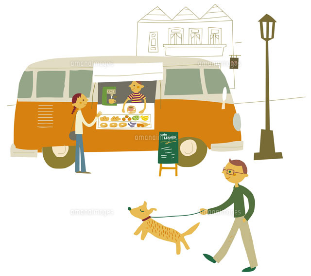 移動式カフェと犬を散歩する男性 の写真素材 イラスト素材 アマナイメージズ