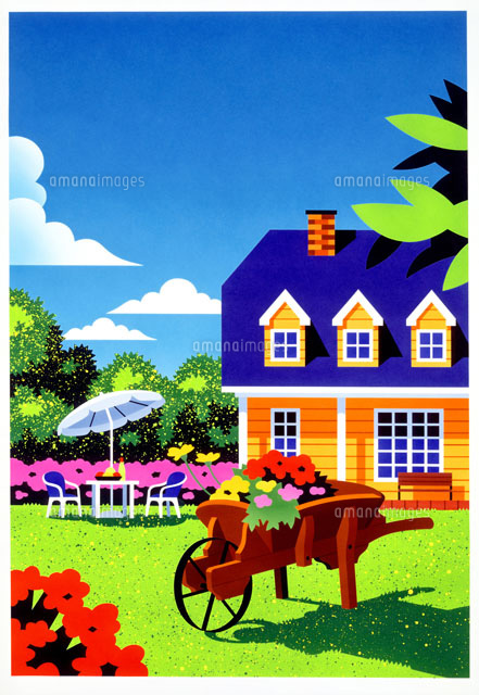 花があふれる庭のある家 の写真素材 イラスト素材 アマナイメージズ