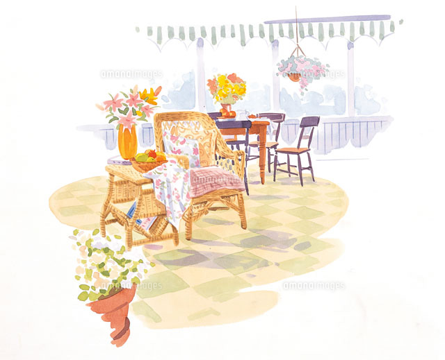 椅子と花の乗ったテーブル の写真素材 イラスト素材 アマナイメージズ