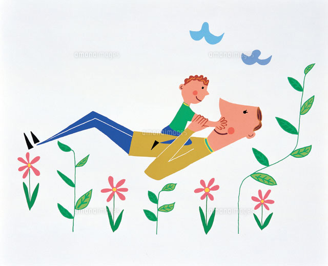 花畑で寝転がる親子 の写真素材 イラスト素材 アマナイメージズ