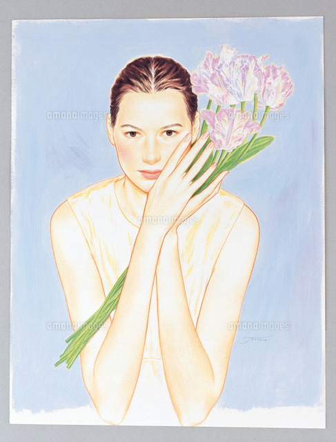 花の装飾の女性肖像画 アートガラスパネル