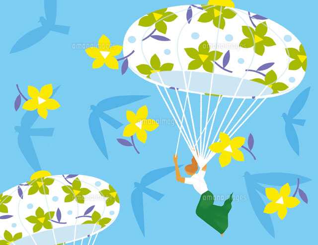 花のパラシュートで飛ぶ女性 の写真素材 イラスト素材 アマナイメージズ