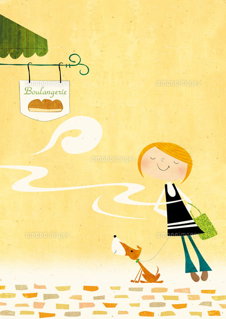 パン屋の前で止まる女性とイヌ の写真素材 イラスト素材 アマナイメージズ