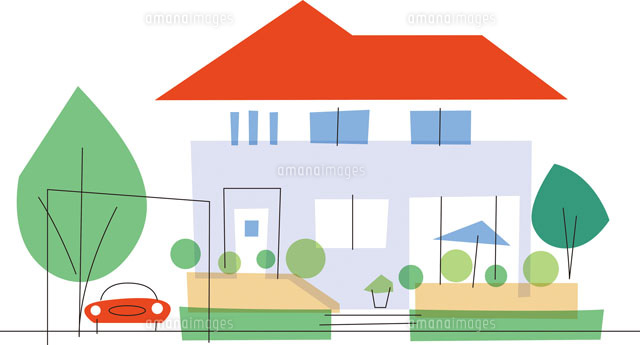 赤い車と赤い屋根の家 の写真素材 イラスト素材 アマナイメージズ