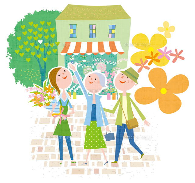 花屋の店員とシニア夫婦 の写真素材 イラスト素材 アマナイメージズ