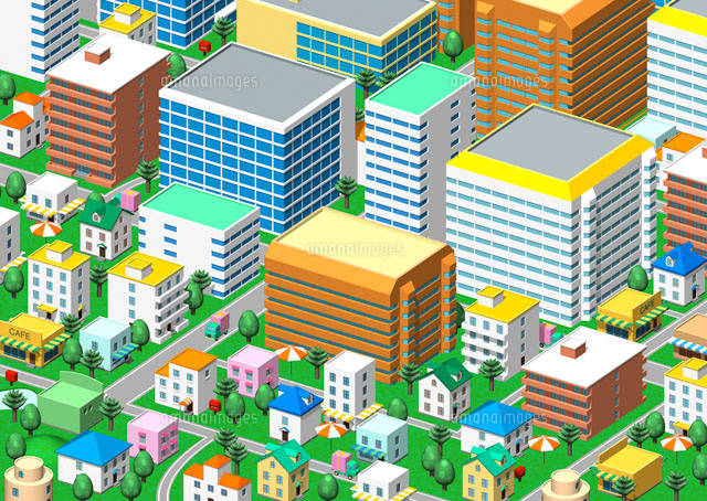 カラフルなビルと家の街並み 俯瞰 の写真素材 イラスト素材 アマナイメージズ