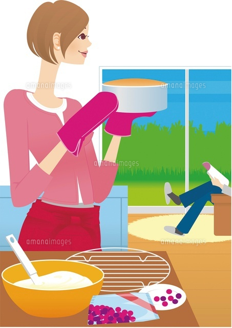 ケーキを焼く女性とソファに座る男性の足元 の写真素材 イラスト素材 アマナイメージズ