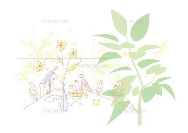 お茶を飲むカップルと花 の写真素材 イラスト素材 アマナイメージズ