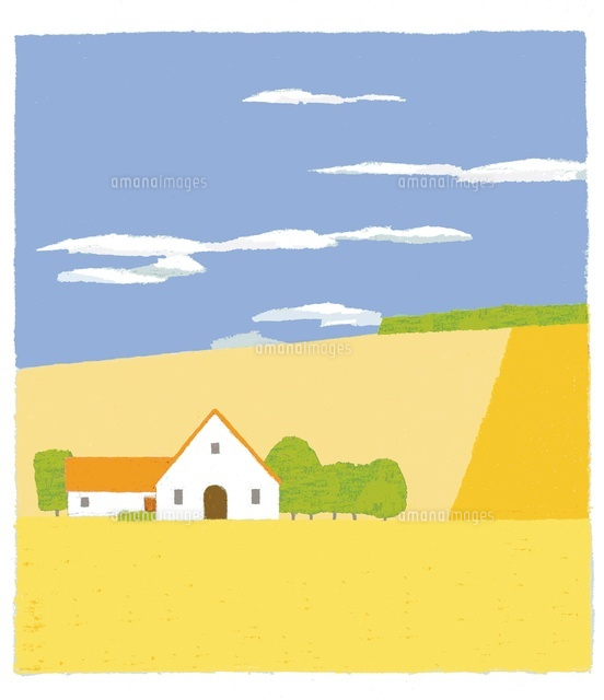 金色の草原の中に建つ家[20037006677]の写真・イラスト素材｜アマナ