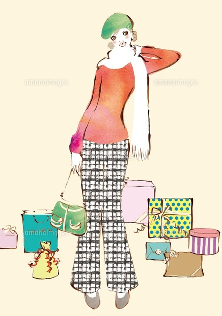 ショッピングバッグを背景にポーズをとる女性 の写真素材 イラスト素材 アマナイメージズ