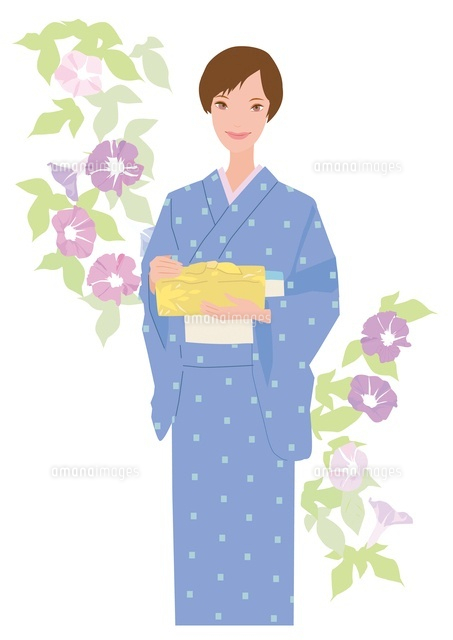 お中元を持って立つ着物姿の女性 の写真素材 イラスト素材 アマナイメージズ
