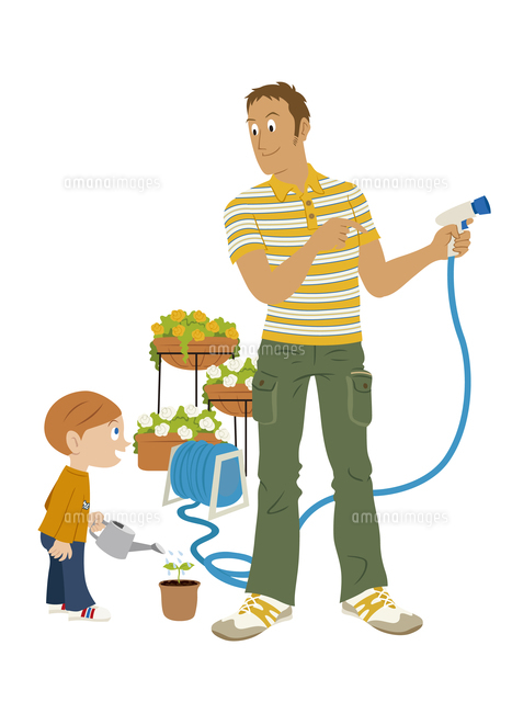 庭で水撒きをする父子 の写真素材 イラスト素材 アマナイメージズ