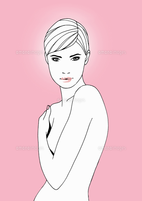 Portrait of nude woman covering breasts[20039004578]の写真