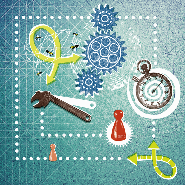Game pieces, cogs, spanner, stopwatch and busy bees[20039004724]の写真素材 ...