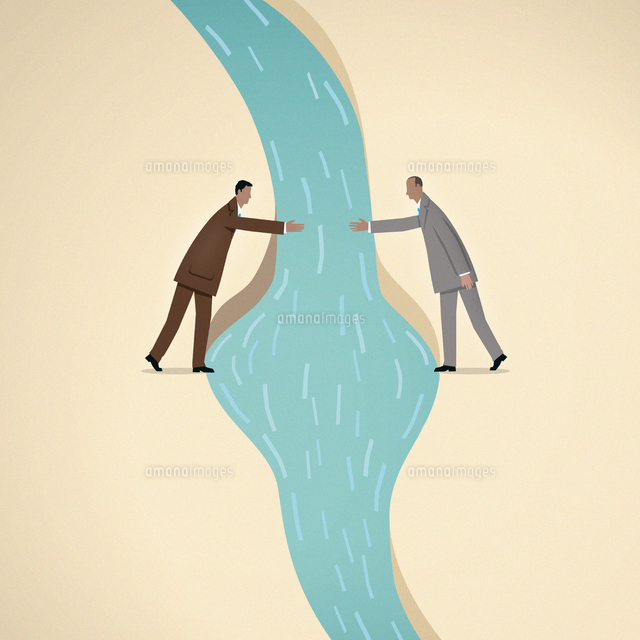 Businessmen Reaching To Shake Hands Over River の写真素材 イラスト 素材 アマナイメージズ