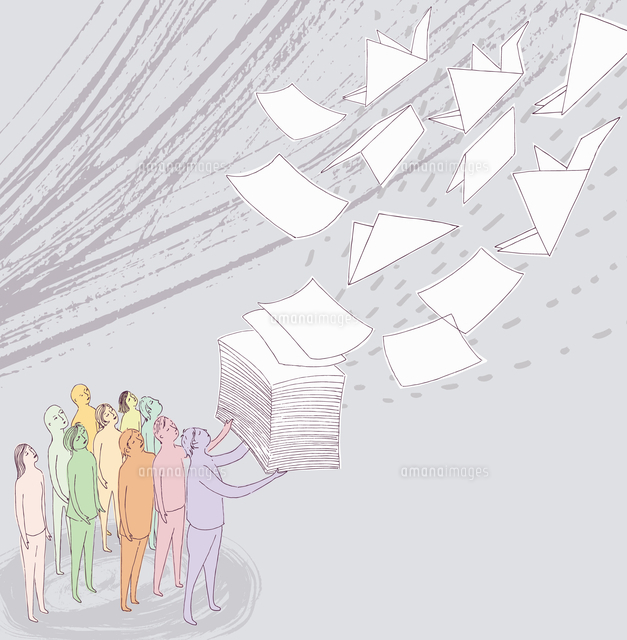 Group Of People Watching Stack Of Paper Fly Away And Change の写真 素材 イラスト素材 アマナイメージズ