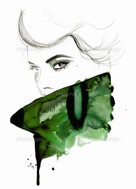 Watercolor Illustration Of Fashion Model Looking At Camera Over High Collar の写真素材 イラスト素材 アマナイメージズ