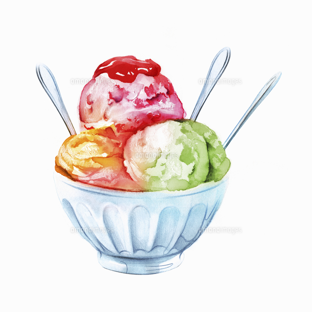 Bowl Of Ice Cream With Three Scoops And Spoons の写真素材 イラスト 素材 アマナイメージズ