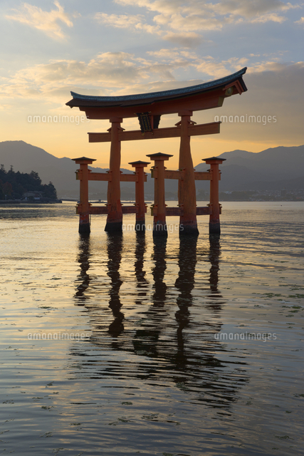 The floating Miyajima torii gate of Itsukushima Shrine at sunset
