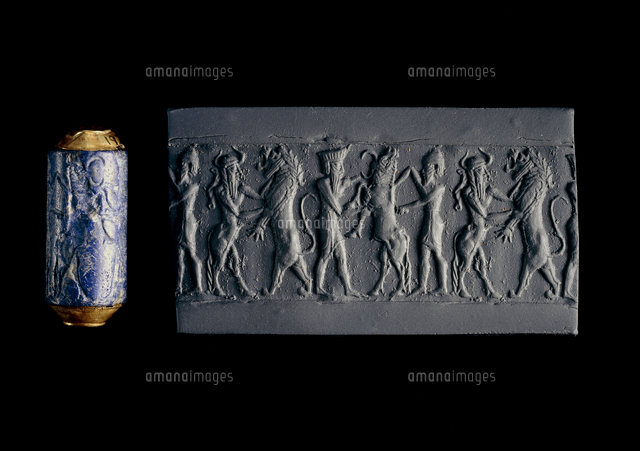 古代バビロン 円筒印章 大型 神と王 ラピスラズリ スタンプ 1291 Cylinder seal of lapis lazuli with original gold mounting or