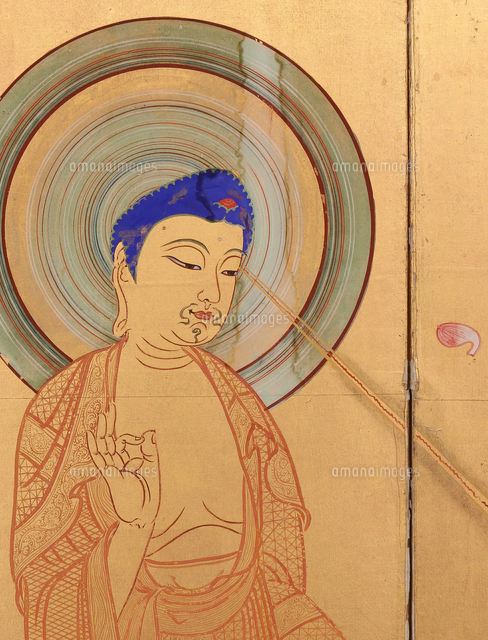 名号阿弥陀三尊来迎図屏風(部分)[20076000420]の写真・イラスト素材