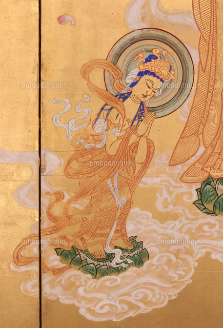 名号阿弥陀三尊来迎図屏風(部分)[20076000423]の写真・イラスト素材