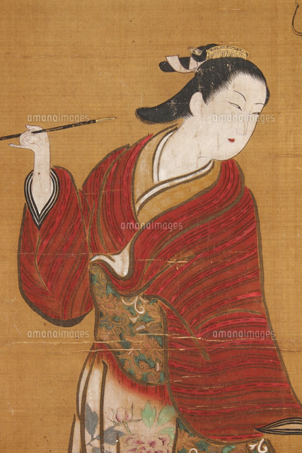 M-551掛軸 絹本肉筆 美人画 浮世絵 鳥追女 京舞妓 無字箱 箱