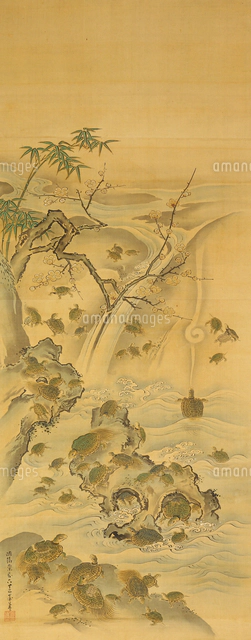 松竹梅鶴亀双幅 双幅 鶴亀松竹梅図（部分)[20076001489]の写真・イラスト素材