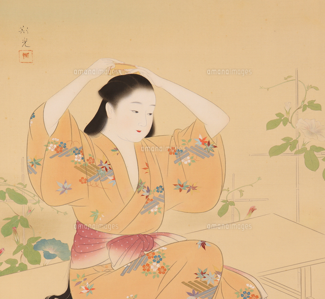 朝顔と髪結い美人図（部分）[20076001891]の写真・イラスト素材