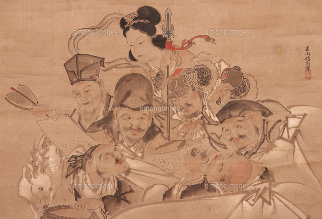 【真作】掛軸　笑門来福　福の神　扇面画　書画作品　福神画　R184 大黒さま 七福神 吉祥画 和風イラスト A4サイズ フレーム付き｜尾九