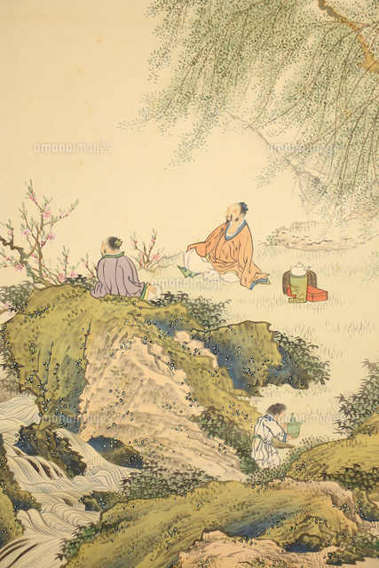真作/大崎晴山/ハゼに鮒図/フナ図/桐共箱二重箱付/布袋屋掛軸HG-320 大崎晴山 双幅 春山煎茶図 秋湖漁舟図（部分）[20076002333]の写真