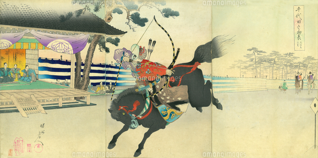 お値下げ屏風絵　六曲　流鏑馬図　日本 浮世絵 千代田之御表 流鏑馬上覧[20086002235]の写真・イラスト素材
