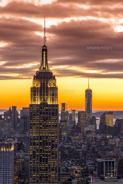 Top view at sunset of the Empire State Building with One World