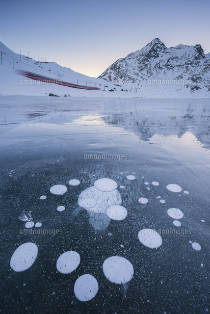 The Bernina Express Train Runs Along The Frozen Lake Bianco Bernina Pass With Some Bubbles Canton の写真素材 イラスト素材 アマナイメージズ