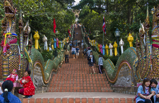 People climbing and descending the 300 steps up to Wat Phra That Doi ...