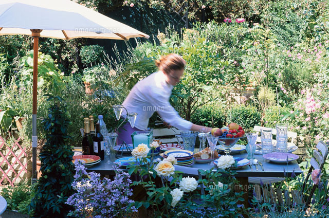 ガーデンパーティの準備をする女性 の写真素材 イラスト素材 アマナイメージズ