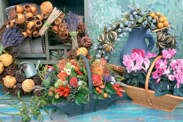 クリスマスリースとシクラメンと実をｶｺﾞに盛ったアレンジメント の写真素材 イラスト素材 アマナイメージズ