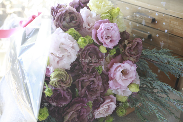 紫のバラとワイン色のトルコキキョウの花束 の写真素材 イラスト素材 アマナイメージズ