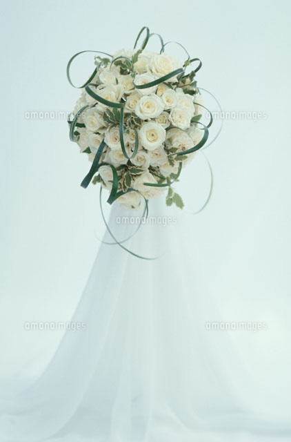 白バラとグリーンのリボンがからんだブーケ の写真素材 イラスト素材 アマナイメージズ