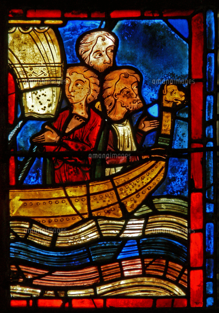 Detail from a window depicting scenes from the life of St. M ...