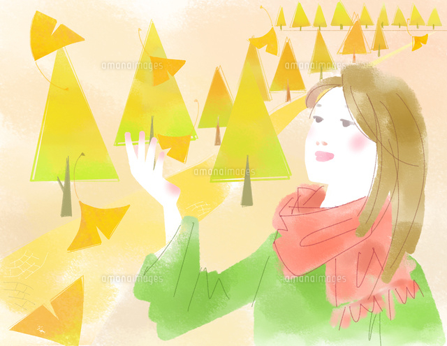 秋の女性と銀杏並木 の写真素材 イラスト素材 アマナイメージズ