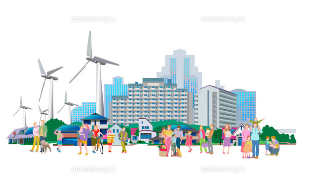 住宅地と風力発電の風車 の写真素材 イラスト素材 アマナイメージズ