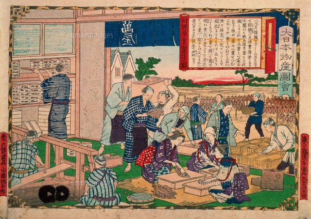 HANA/貴重！本物 浮世絵 三代広重画【大日本物産圖會 大和国葛之粉製図 五色砂ニテ盆石飾 二枚セット】明治時代 中判 木版画 錦絵 大日本物産圖會 北海道函館氷輸出之圖 廣重画(三代広重画) ⁄ 古本