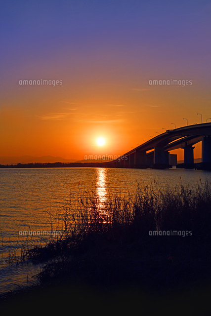 滋賀県 朝焼けの琵琶湖大橋 日の出[22456006211]の写真・イラスト素材