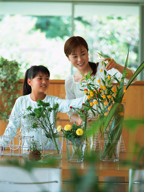 リビングで花を活ける女性と少女 の写真素材 イラスト素材 アマナイメージズ