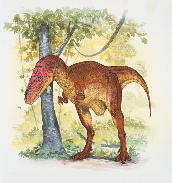 Dinosaur rubbing its neck on tree trunk[22907003577]の写真素材・イラスト素材｜アマナイメージズ