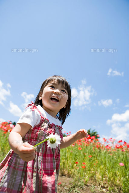 花畑前を花を持って歩く少女 の写真素材 イラスト素材 アマナイメージズ
